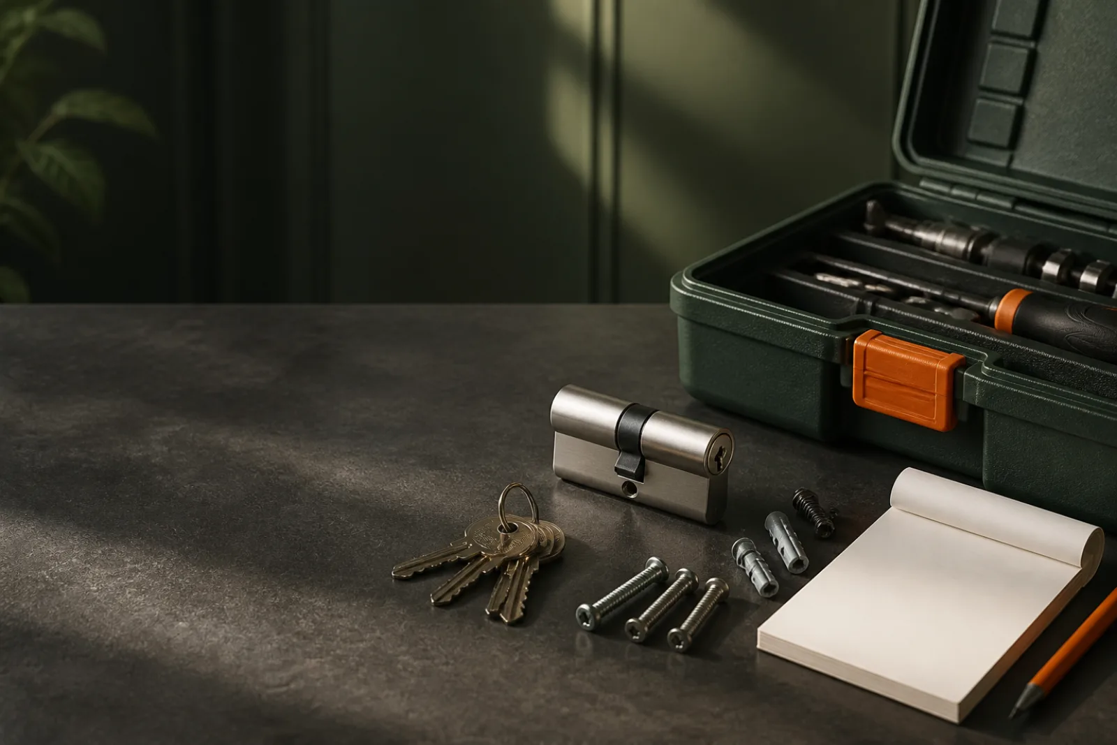 Cylinder, keys, fasteners, tool case, and blank receipt pad arranged as complete scope.
