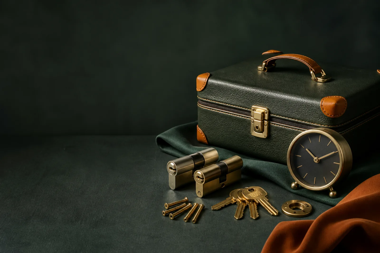 Travel case, clock, door cylinders, key blanks, and fasteners arranged neatly.