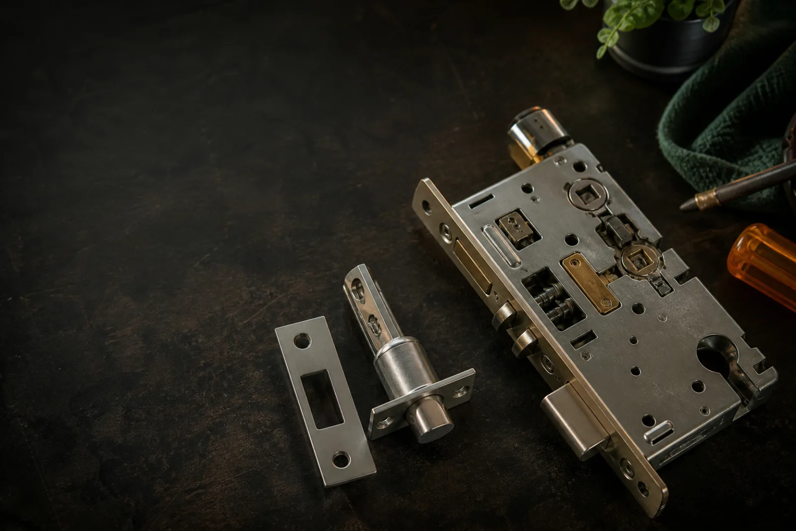 Simple and complex groups of door hardware parts compared on a workbench.