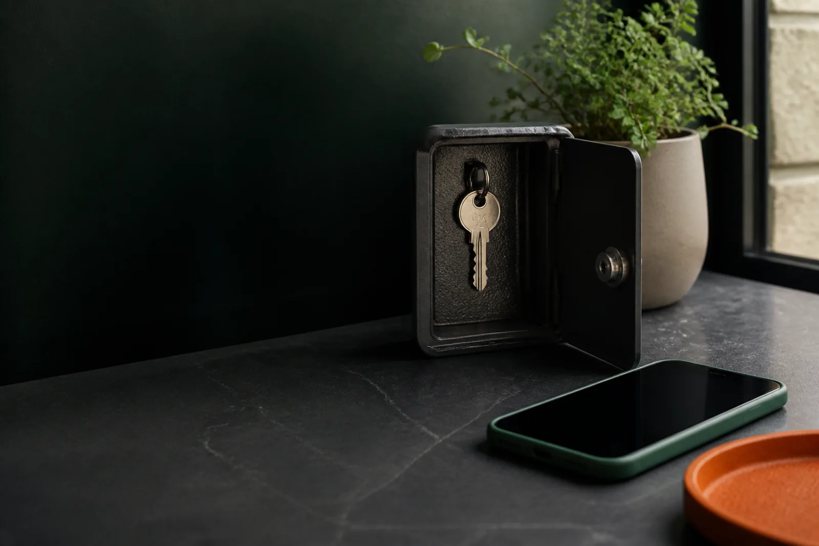 Spare key in a secure indoor key case beside a phone with a blank screen.