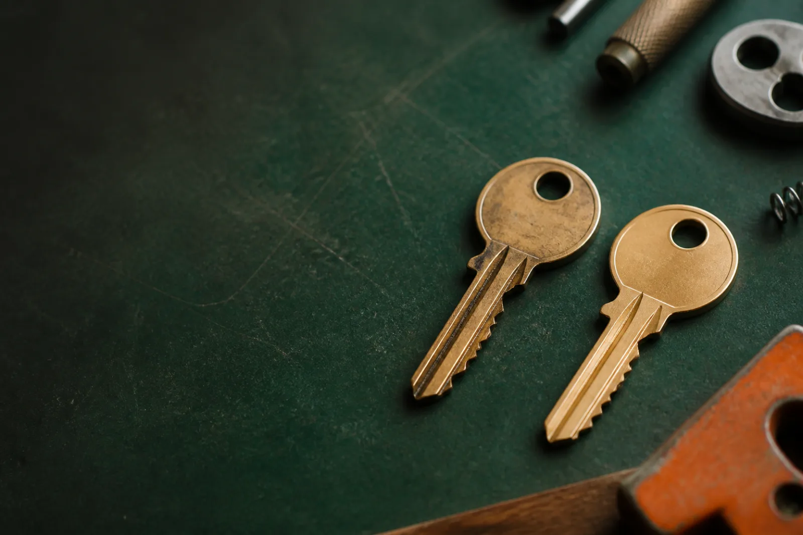 Worn brass key and clean spare compared on a green work mat.