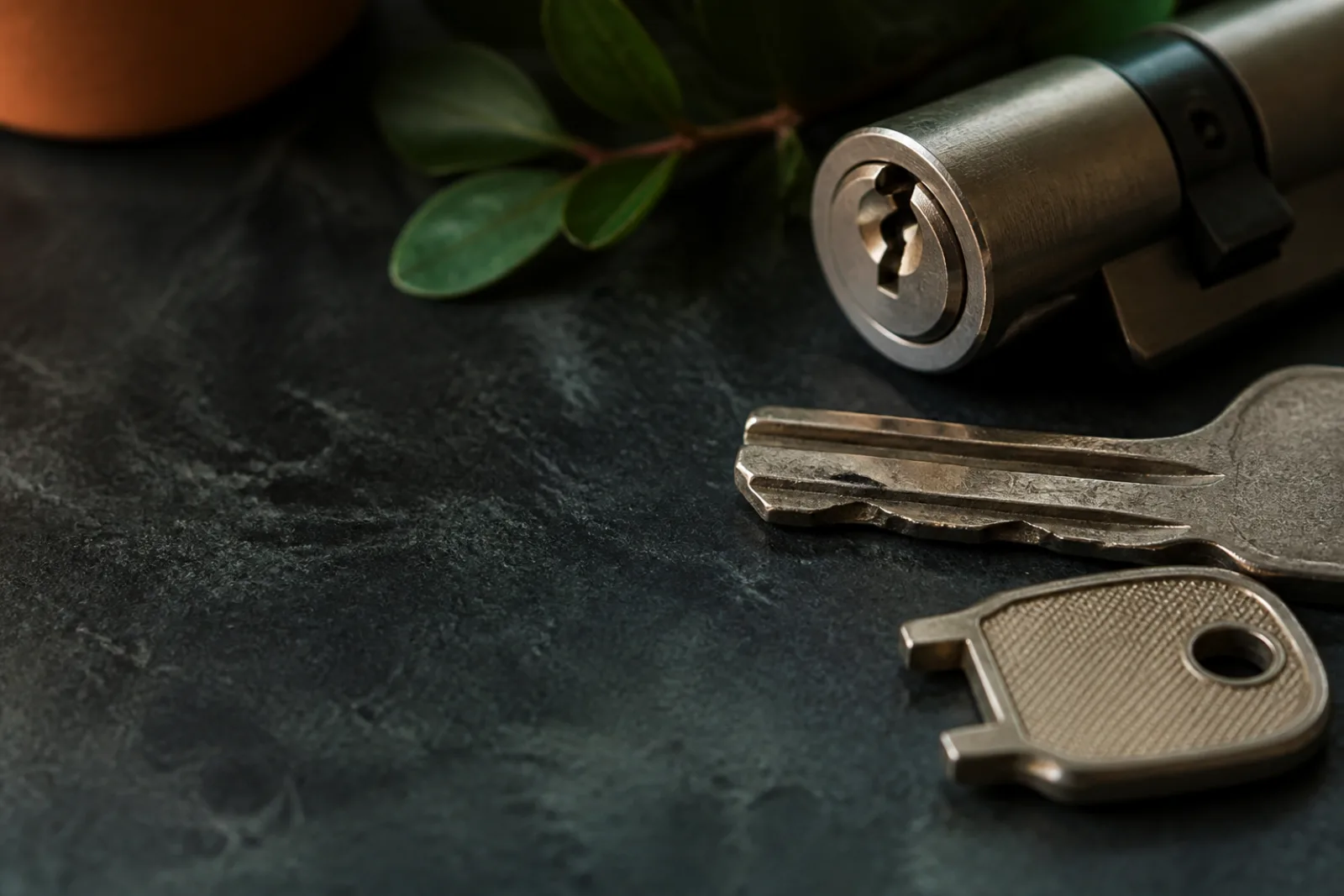 Broken brass key blade beside a residential cylinder on a clean workbench.