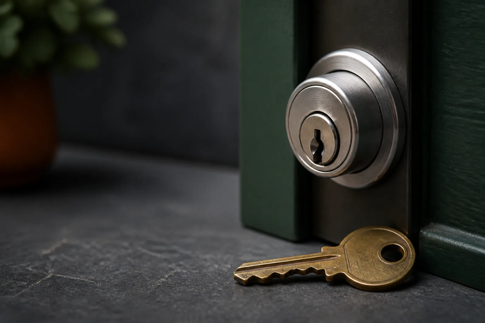 Residential cylinder face and worn brass key arranged for inspection.