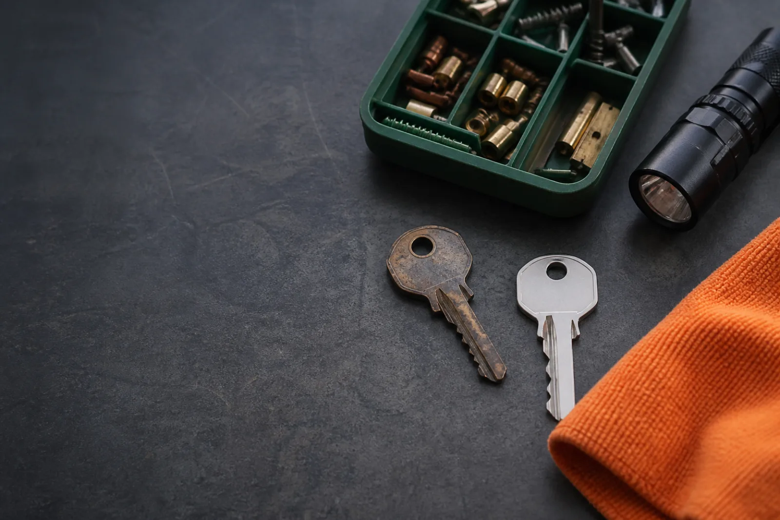 Worn key, spare key, flashlight, and parts tray on a clean work surface.