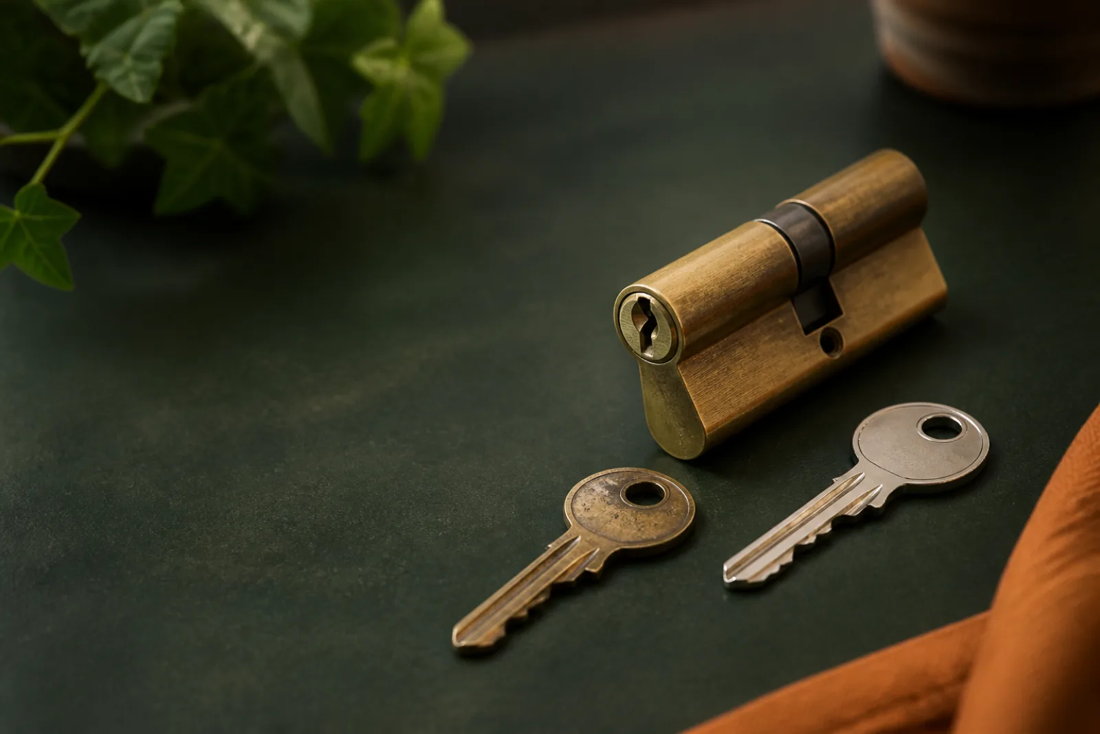 Worn brass key and clean spare beside a residential lock cylinder.