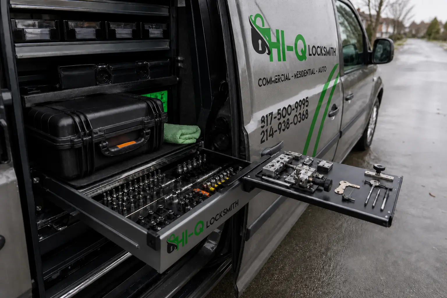 Organized Hi-Q mobile work tray with branded van side, cylinders, and hand tools