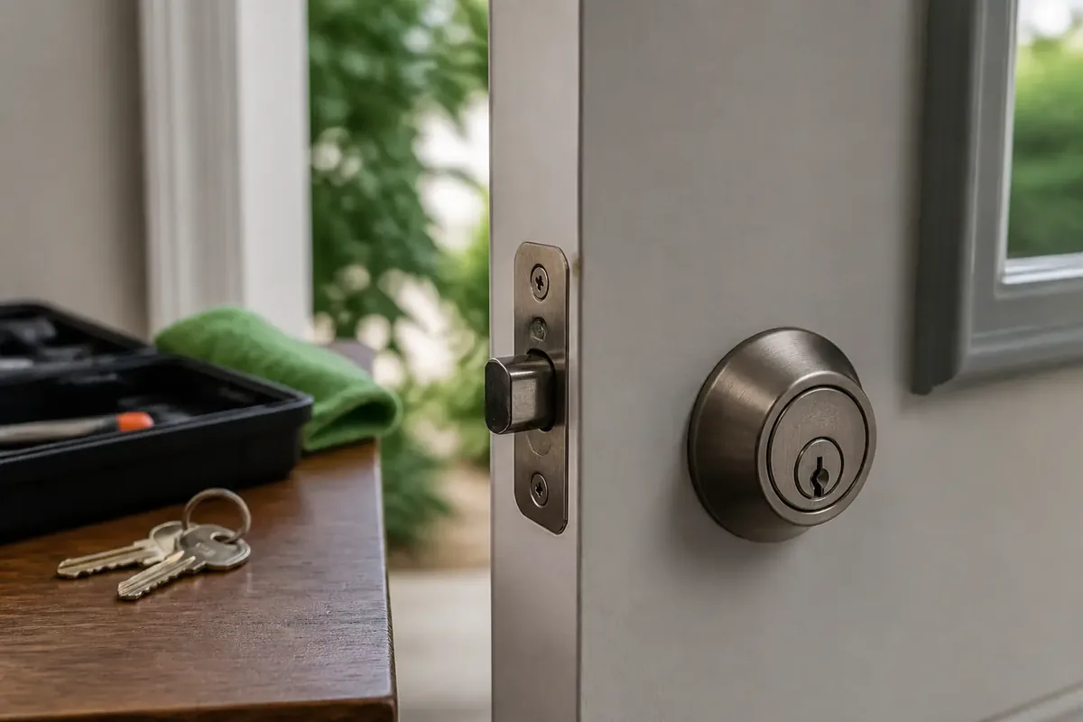 Residential front-door deadbolt and key ring beside rekeyed cylinder parts on a small table in soft daylight.