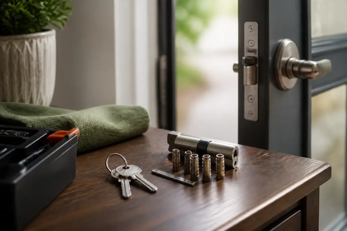 Front-door deadbolt, keyed cylinder, and rekey kit laid out on a wooden entry table in natural daylight.