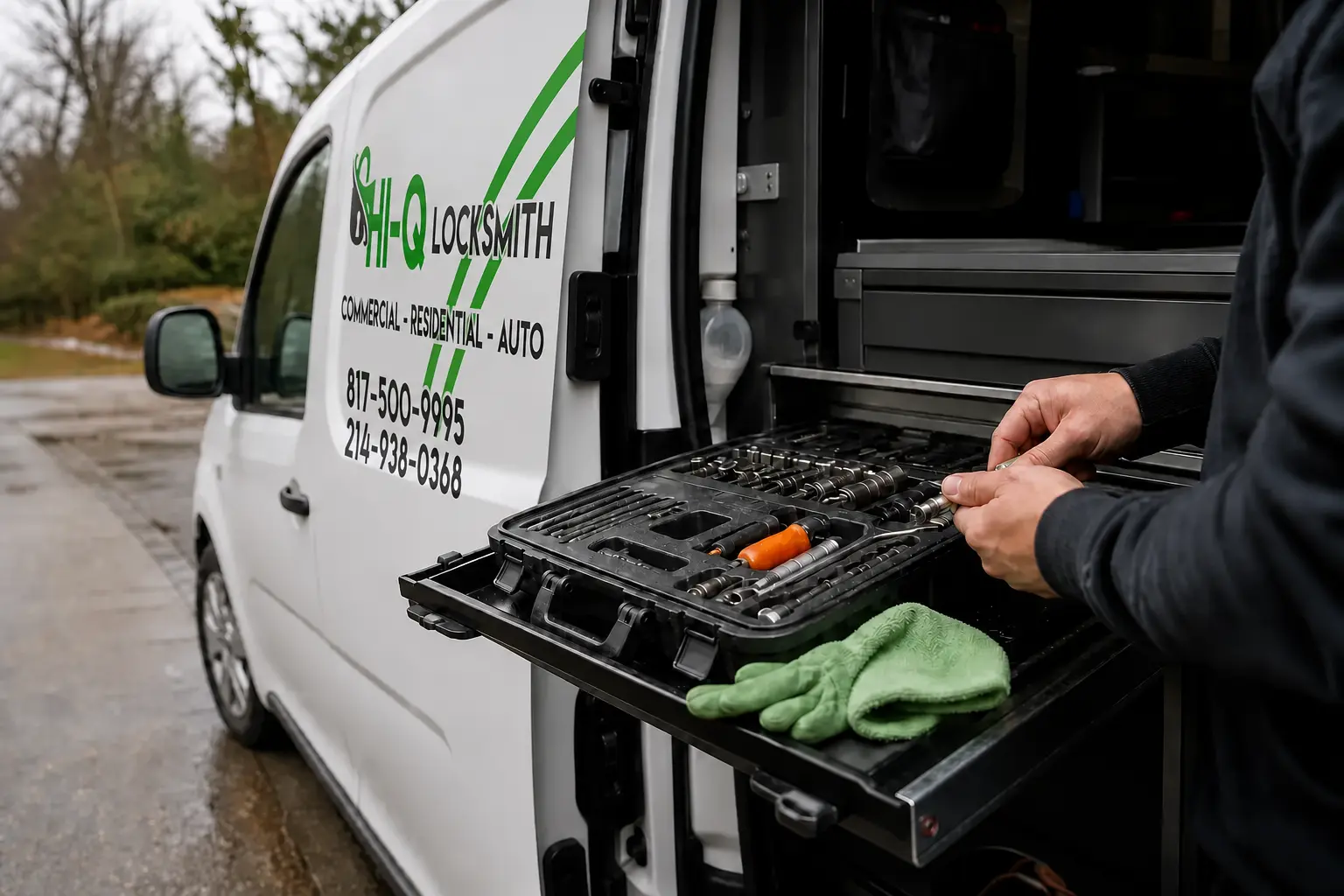 Open mobile service van at a curb with an organized tray of tools and a green cloth ready for a locksmith visit.
