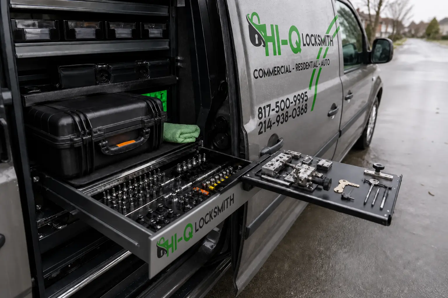 Organized Hi-Q mobile service drawer with branded van side, hardware, and tools