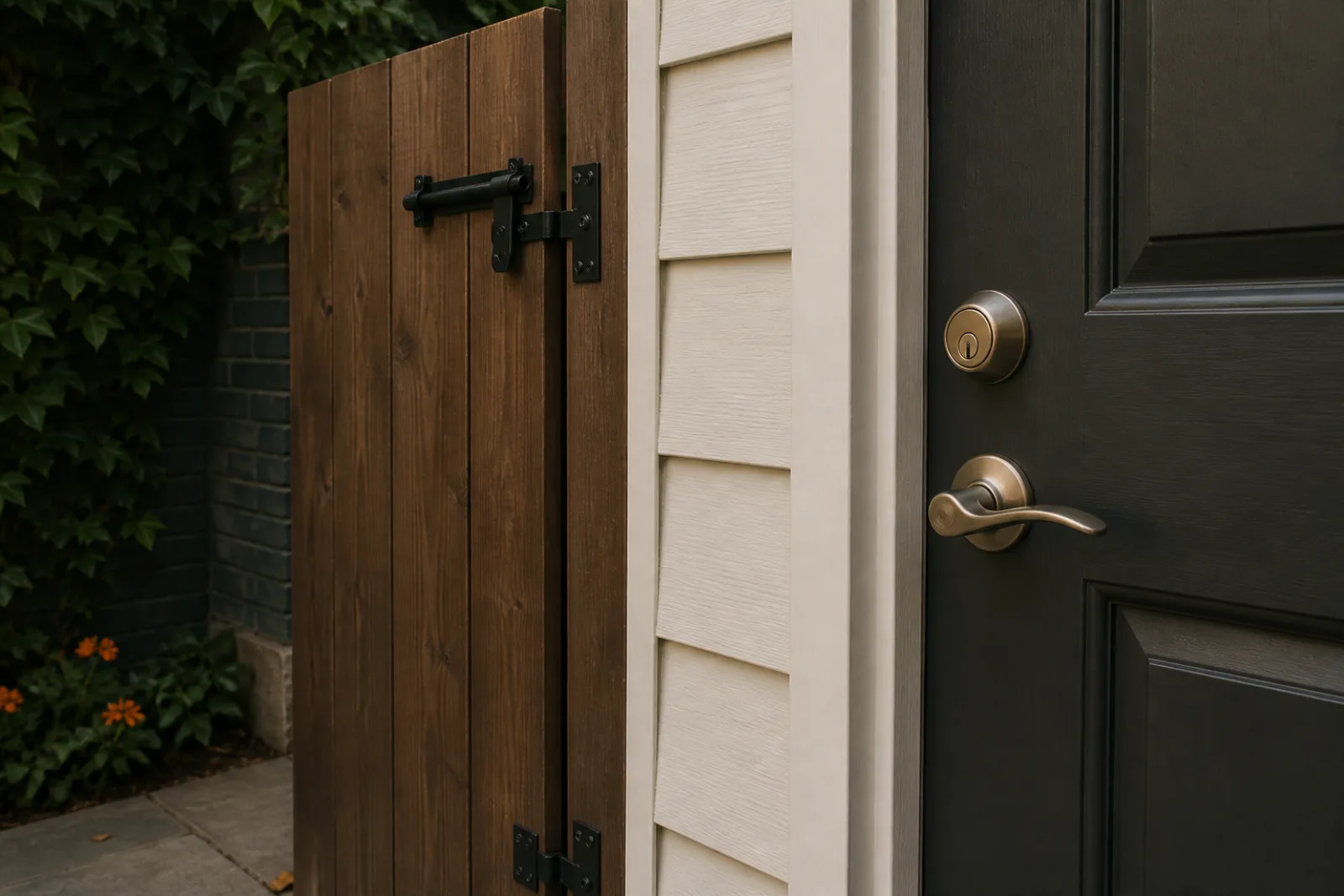 Garage-to-house door hardware and side gate latch shown as an editorial pairing.