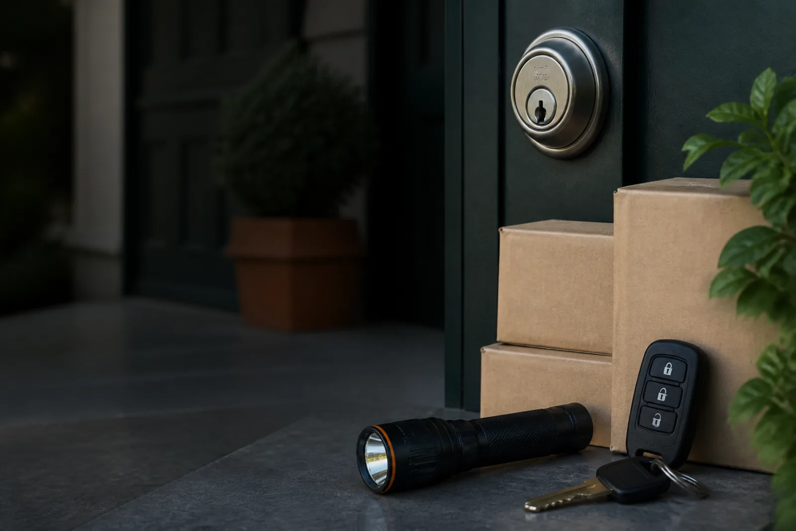 Moving boxes beside residential deadbolt, garage remote, gate key, and inspection flashlight.