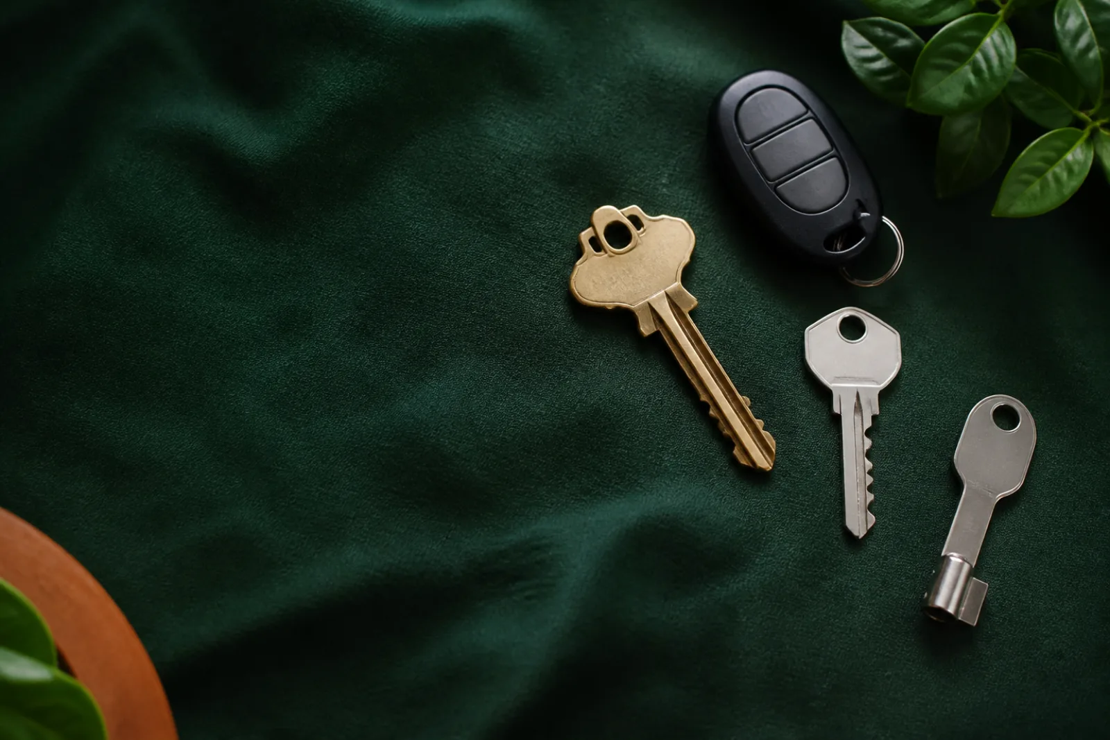 Front-door key, garage remote, gate key, and small access key on green cloth.