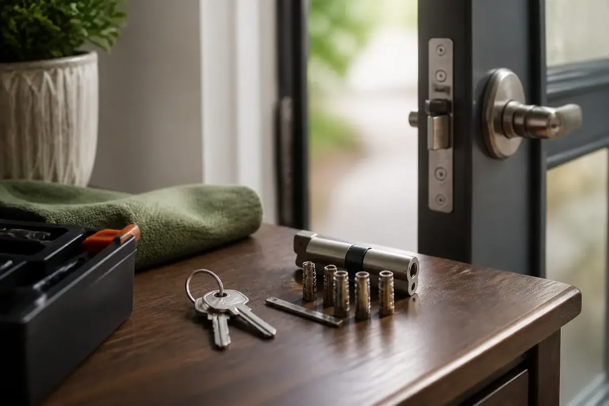 Commercial lock hardware and working keys arranged for a key-control change