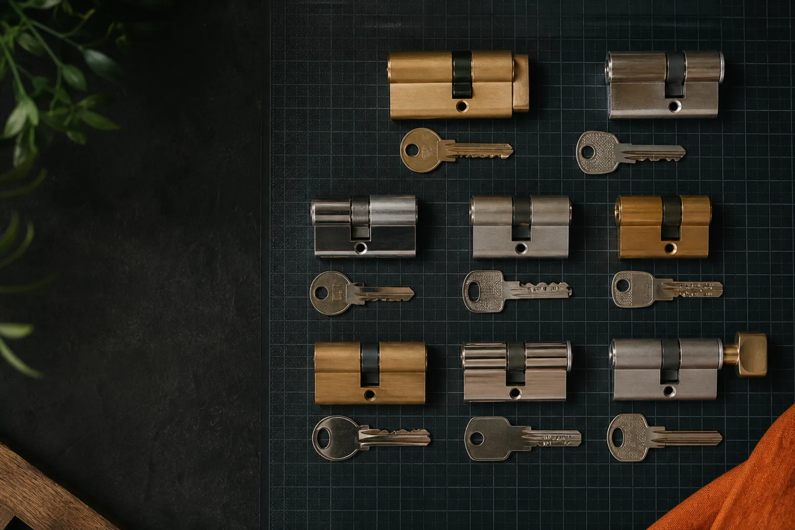 Several residential cylinders and matching keys counted on a grid mat.