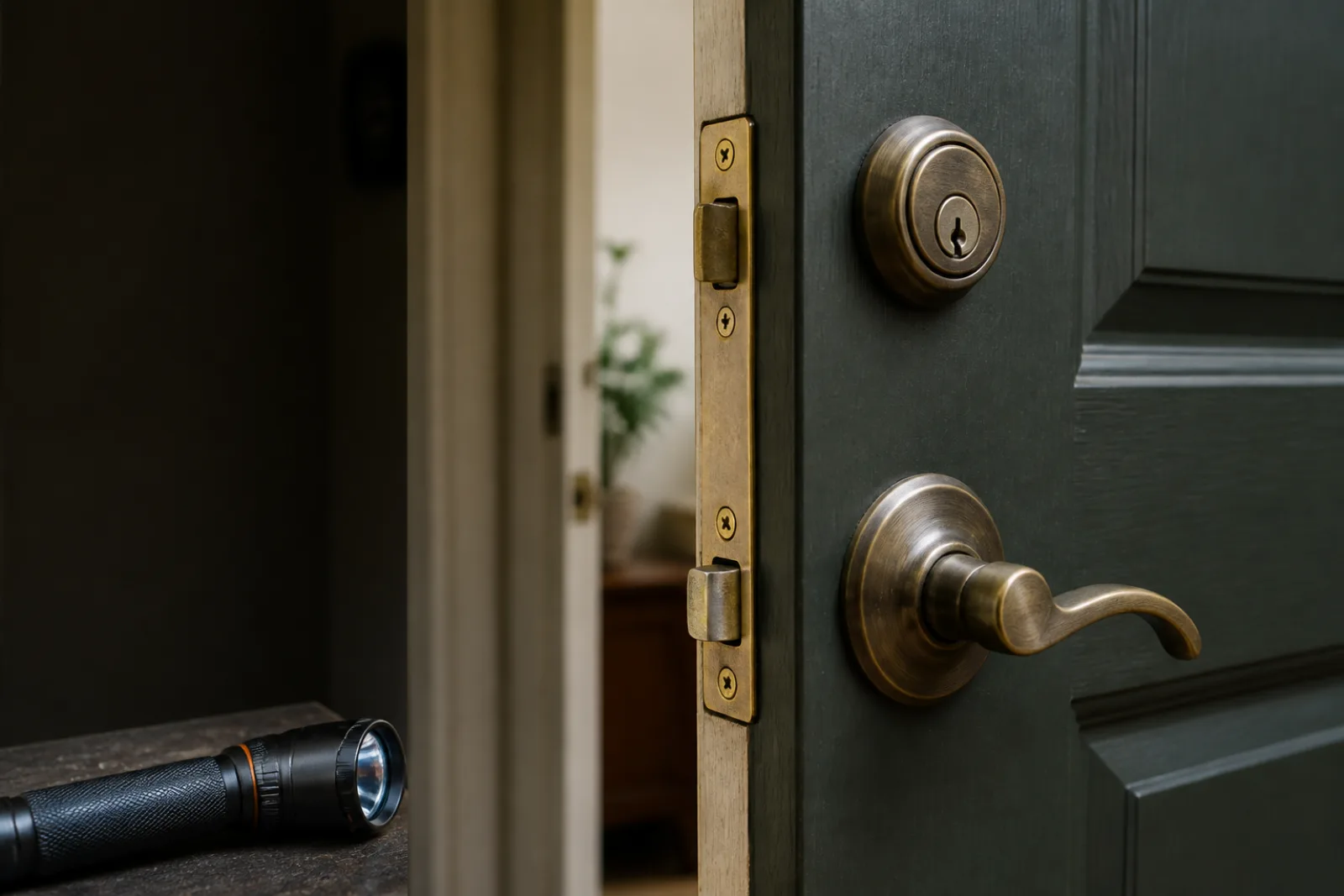 Open residential door with deadbolt, latch, strike, and inspection flashlight.