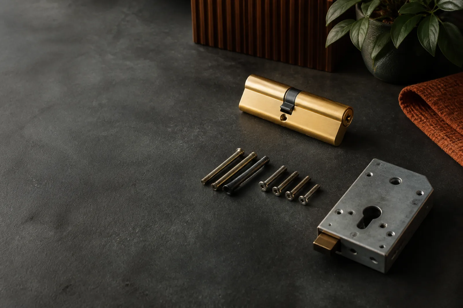 Serviceable cylinder, repair fasteners, and replacement lock arranged in separate groups.