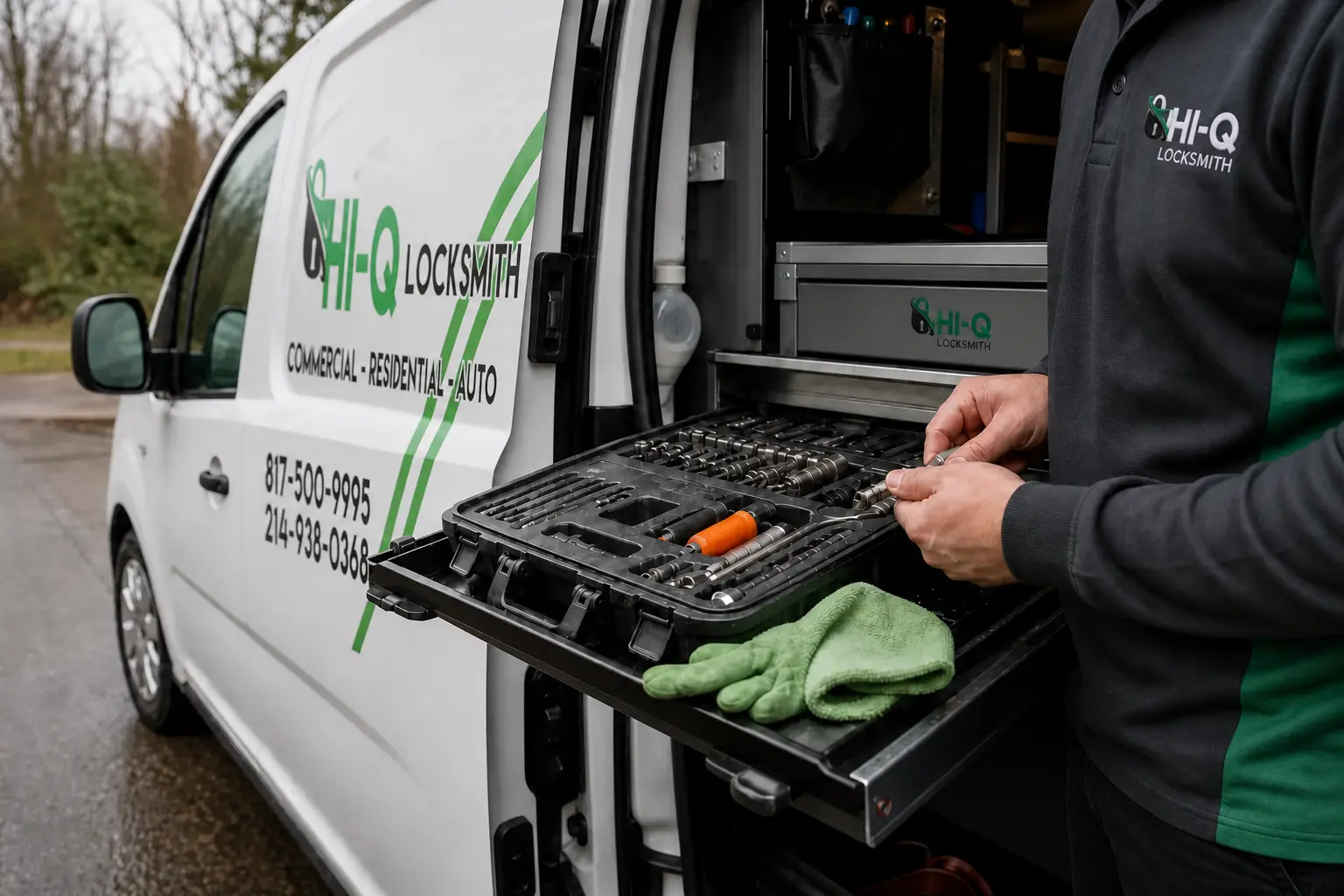 Branded Hi-Q technician organizing a tool tray beside an open mobile service van