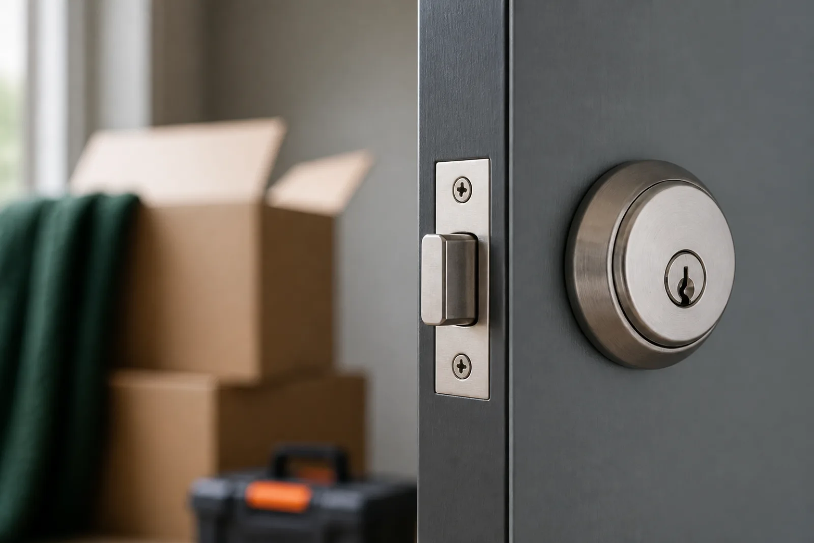 Apartment deadbolt and strike with a moving box softly blurred behind.