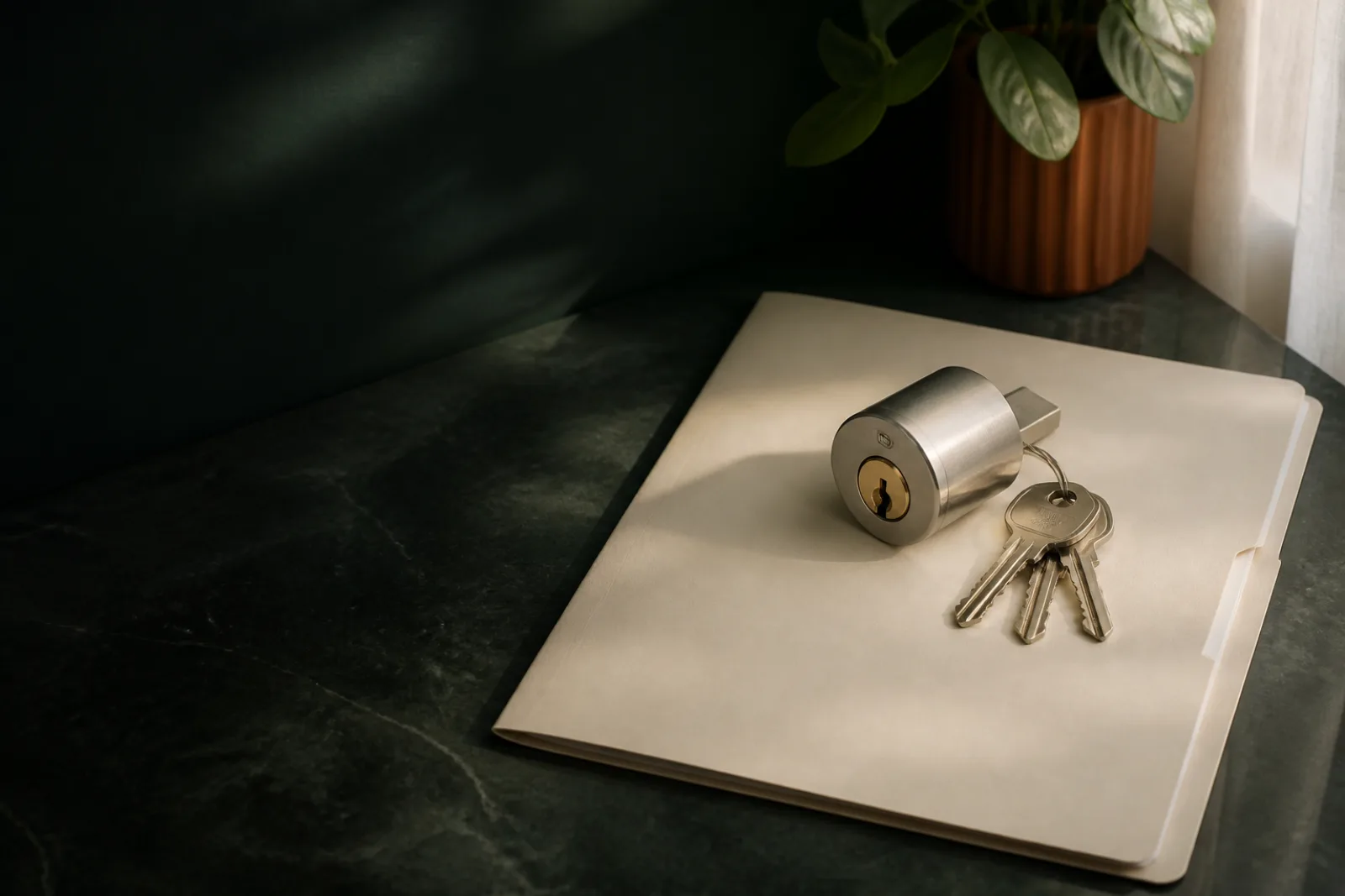 Deadbolt cylinder, key ring, and blank work folder arranged for apartment turnover.