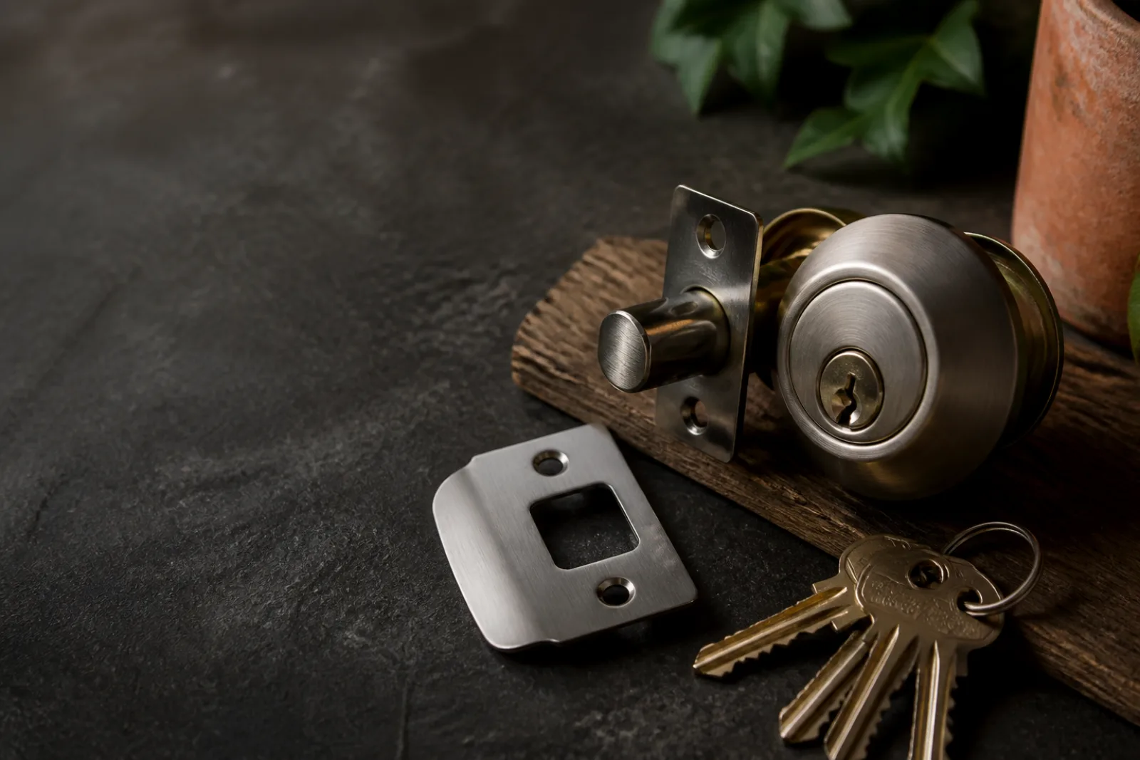 Deadbolt, latch, strike, and keys arranged for condition assessment.