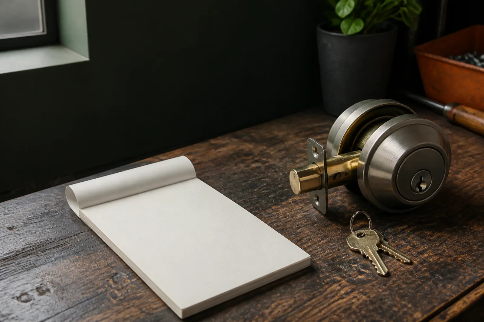 Tested deadbolt, two keys, and a blank invoice pad on a workbench.