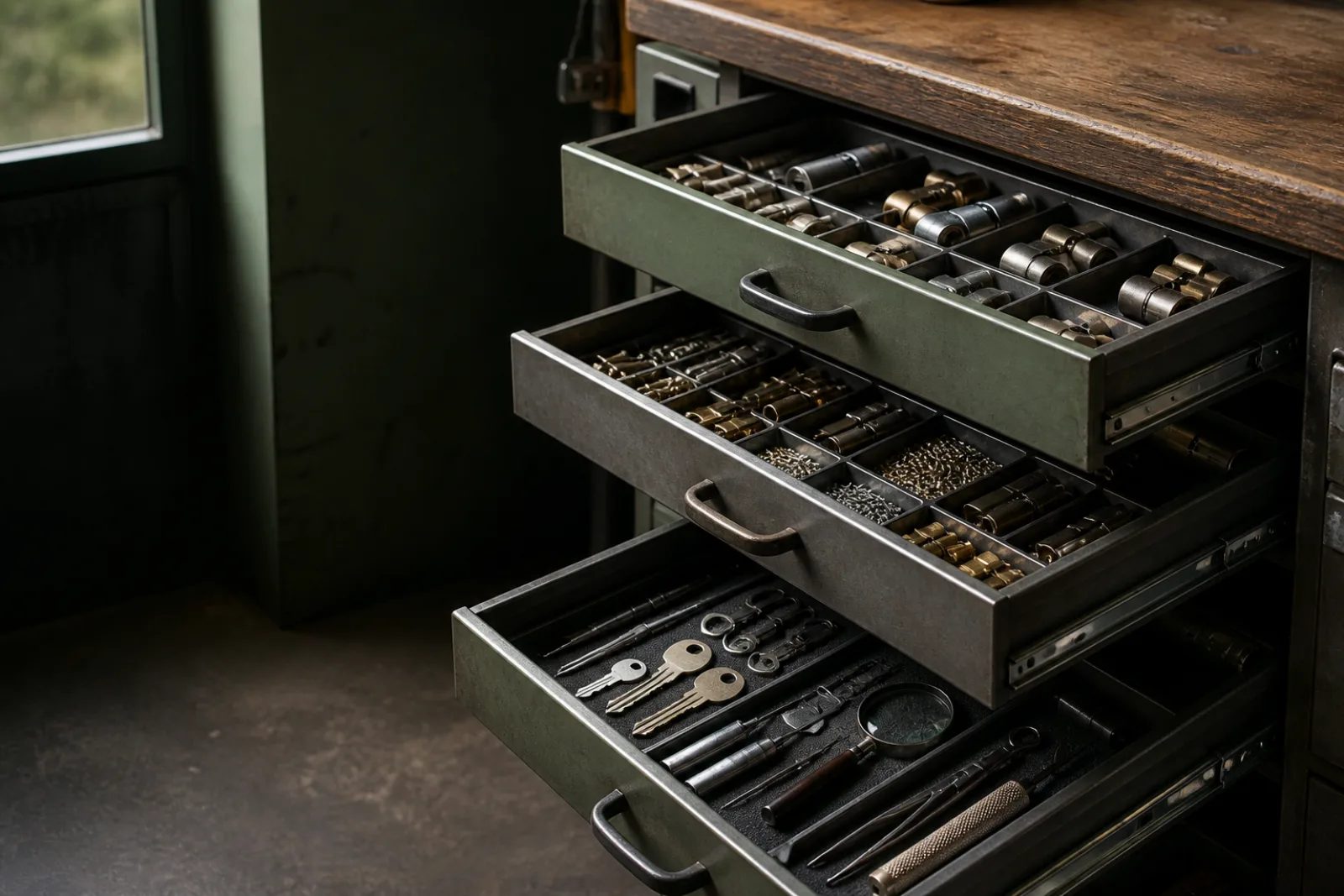 Open drawers with separated cylinders, screws, key blanks, and inspection tools.