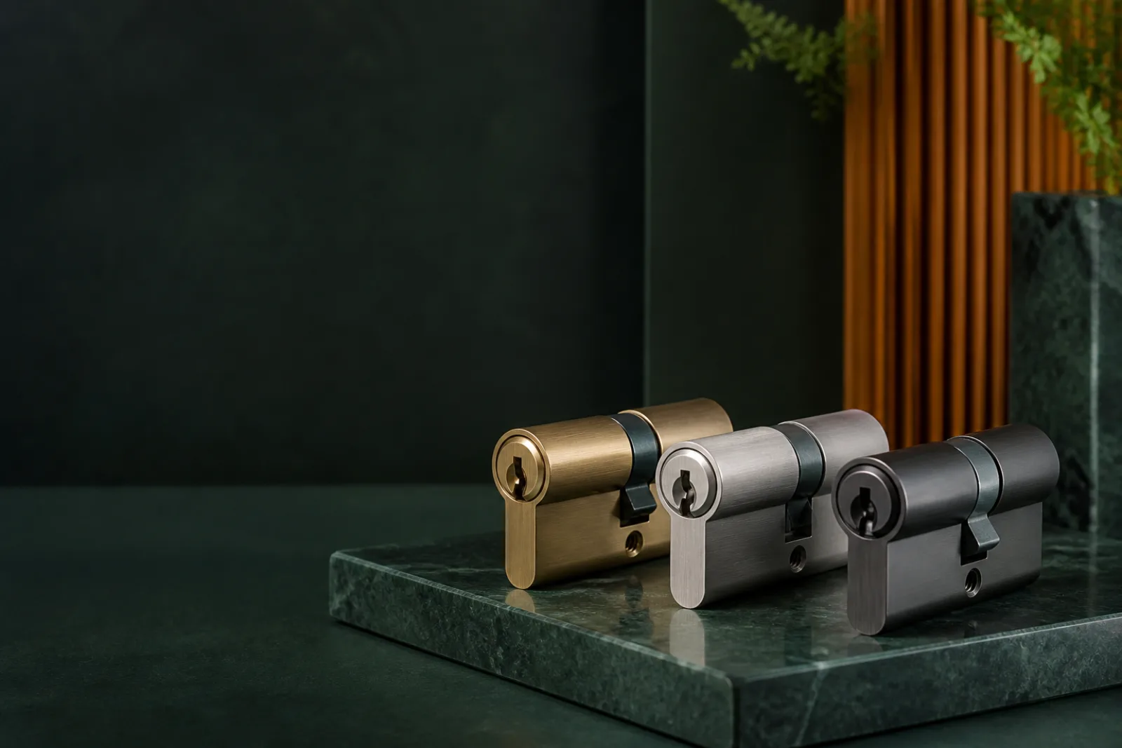 Three commercial door cylinders arranged in a clean inventory row.