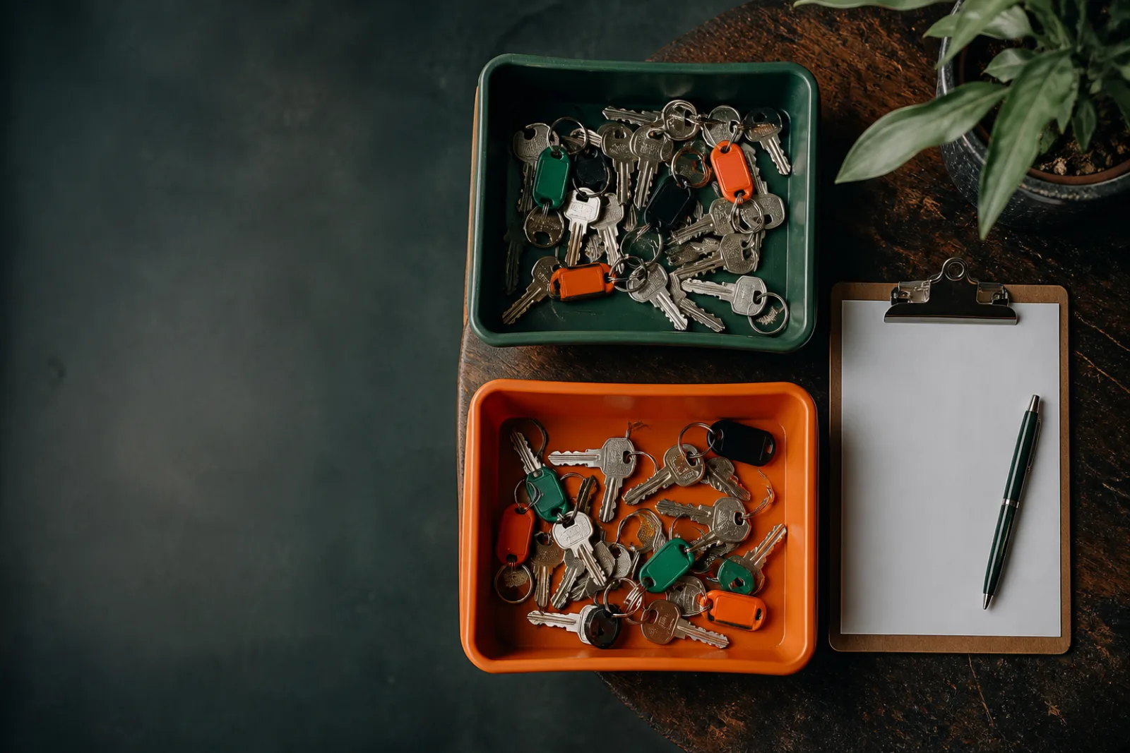 Issued and returned key rings in separate trays beside a blank clipboard.