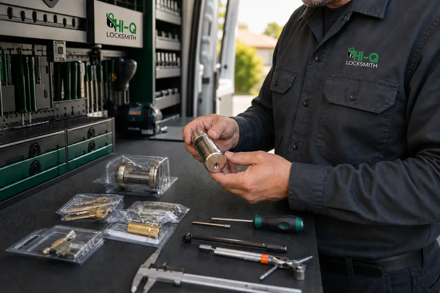 Hi-Q technician inspecting a lock cylinder at an organized mobile van workbench.
