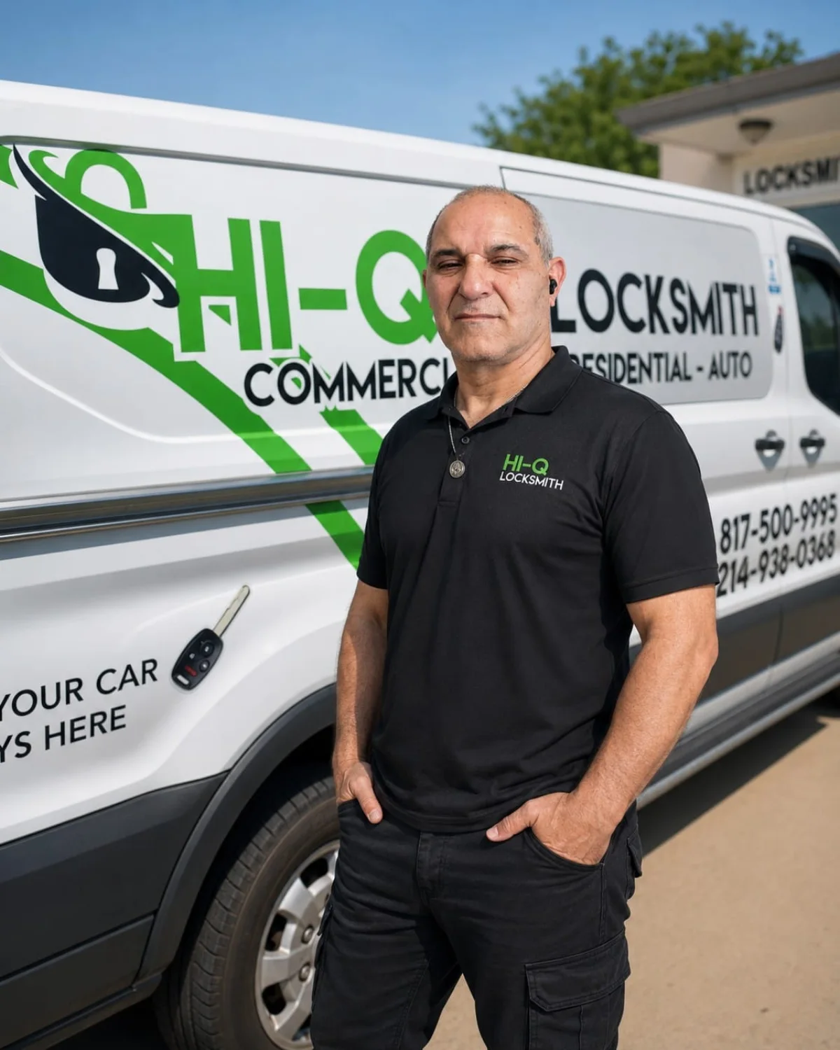 Hi-Q Locksmith owner Itshak 'Isaac' Ben Loulou beside the branded service van in Fort Worth, Texas